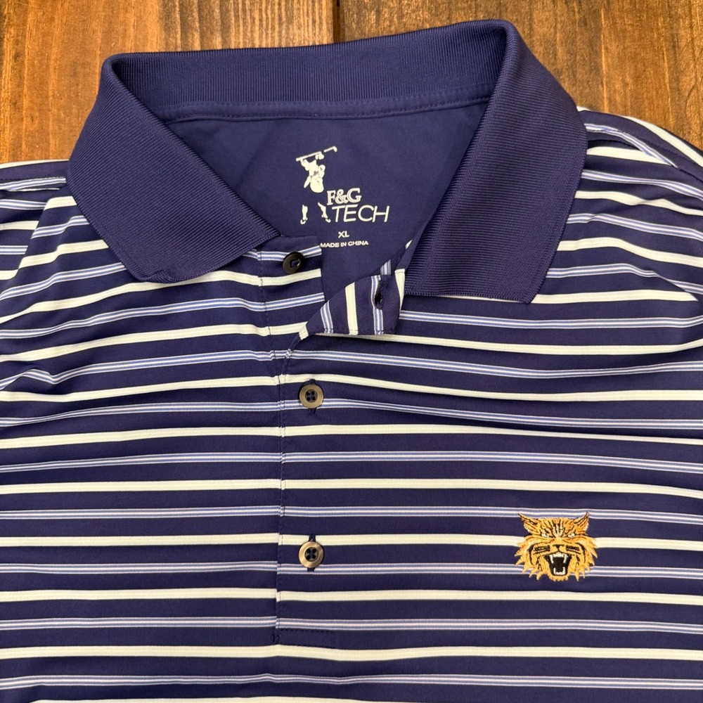 F&G Tech Golf Polo Shirt Mens XL Striped Wildcat Embroidered‎ Logo, performance